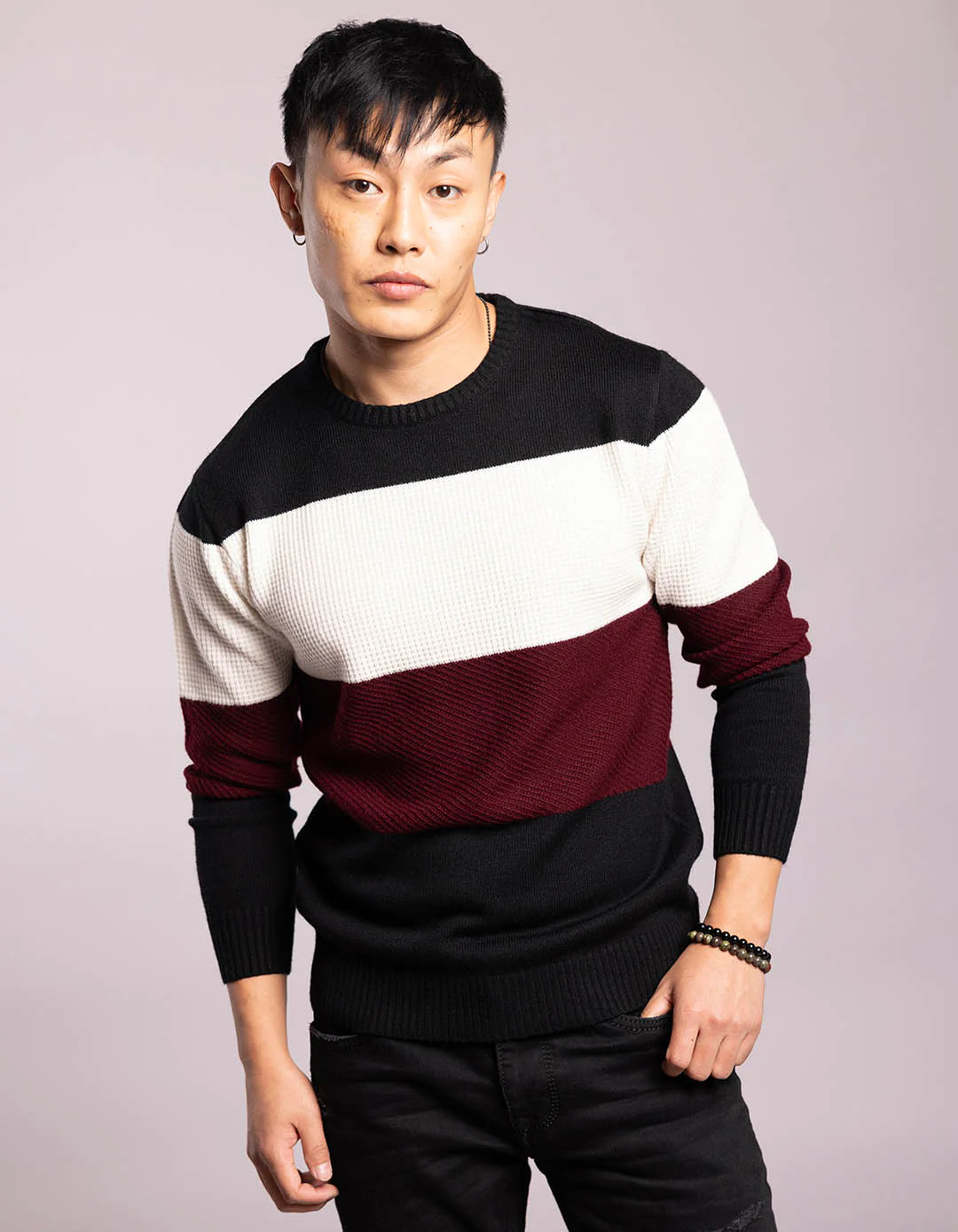 Black White Round Neck Flatknit Tee
