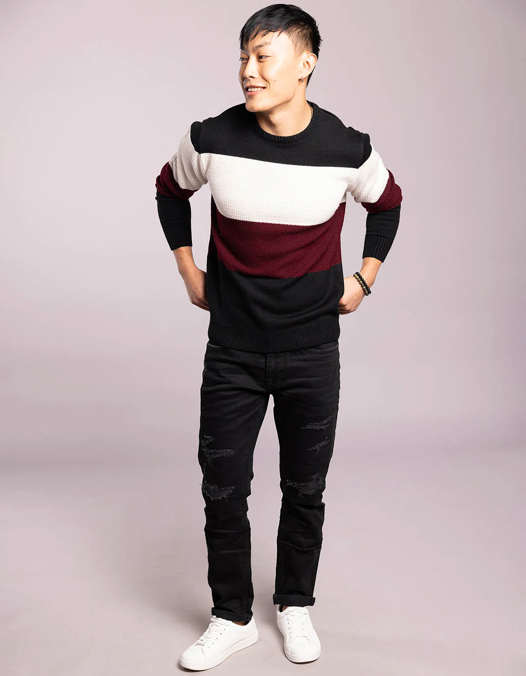 Black White Round Neck Flatknit Tee - Image 2