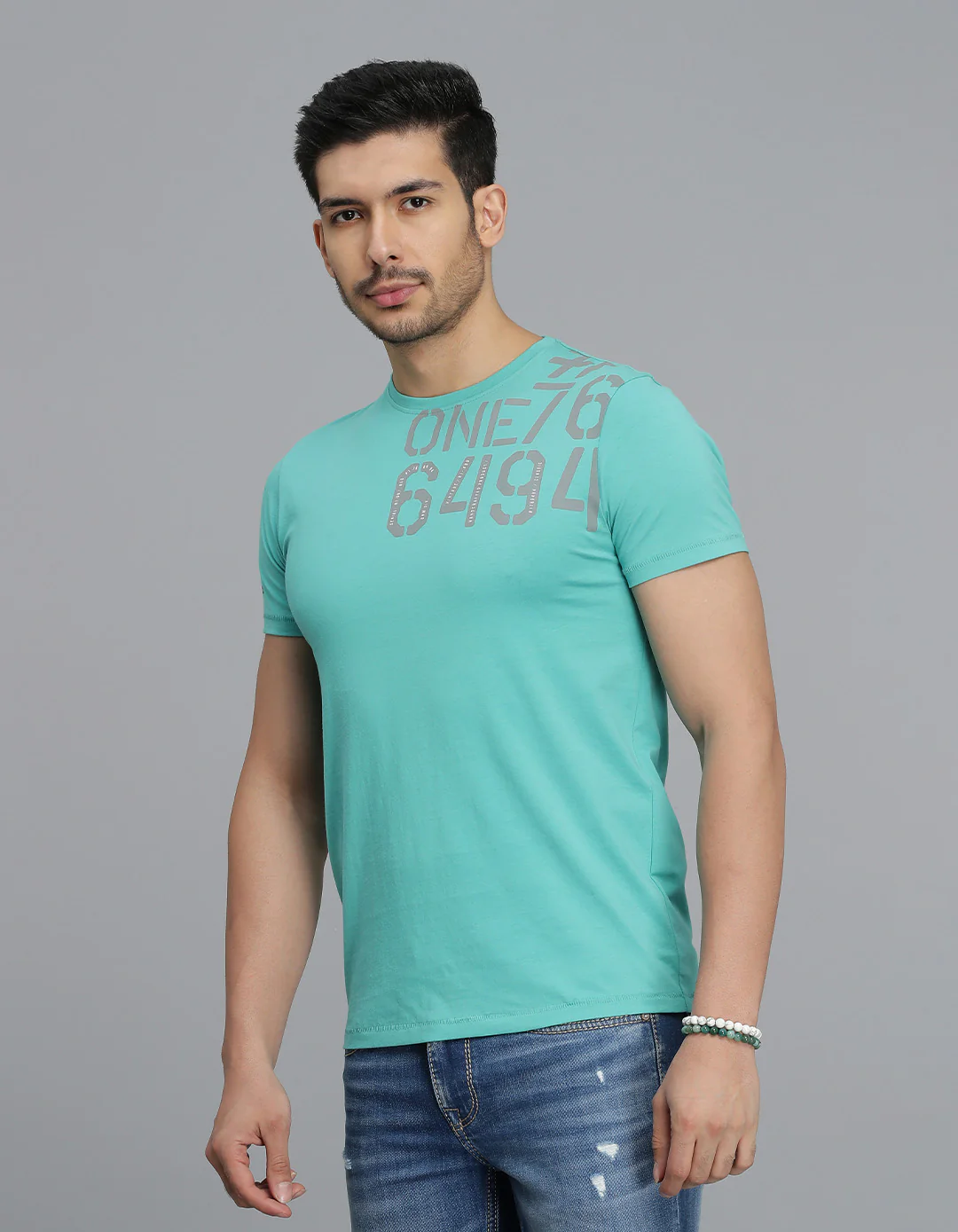 Blue Green Half Sleeves Round Neck Tee - Image 3