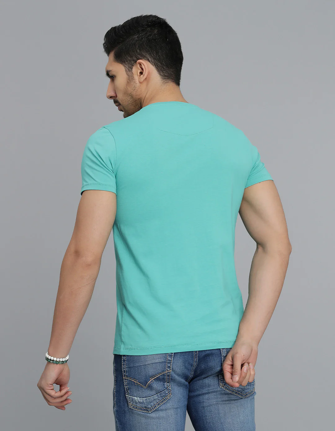 Blue Green Half Sleeves Round Neck Tee - Image 5