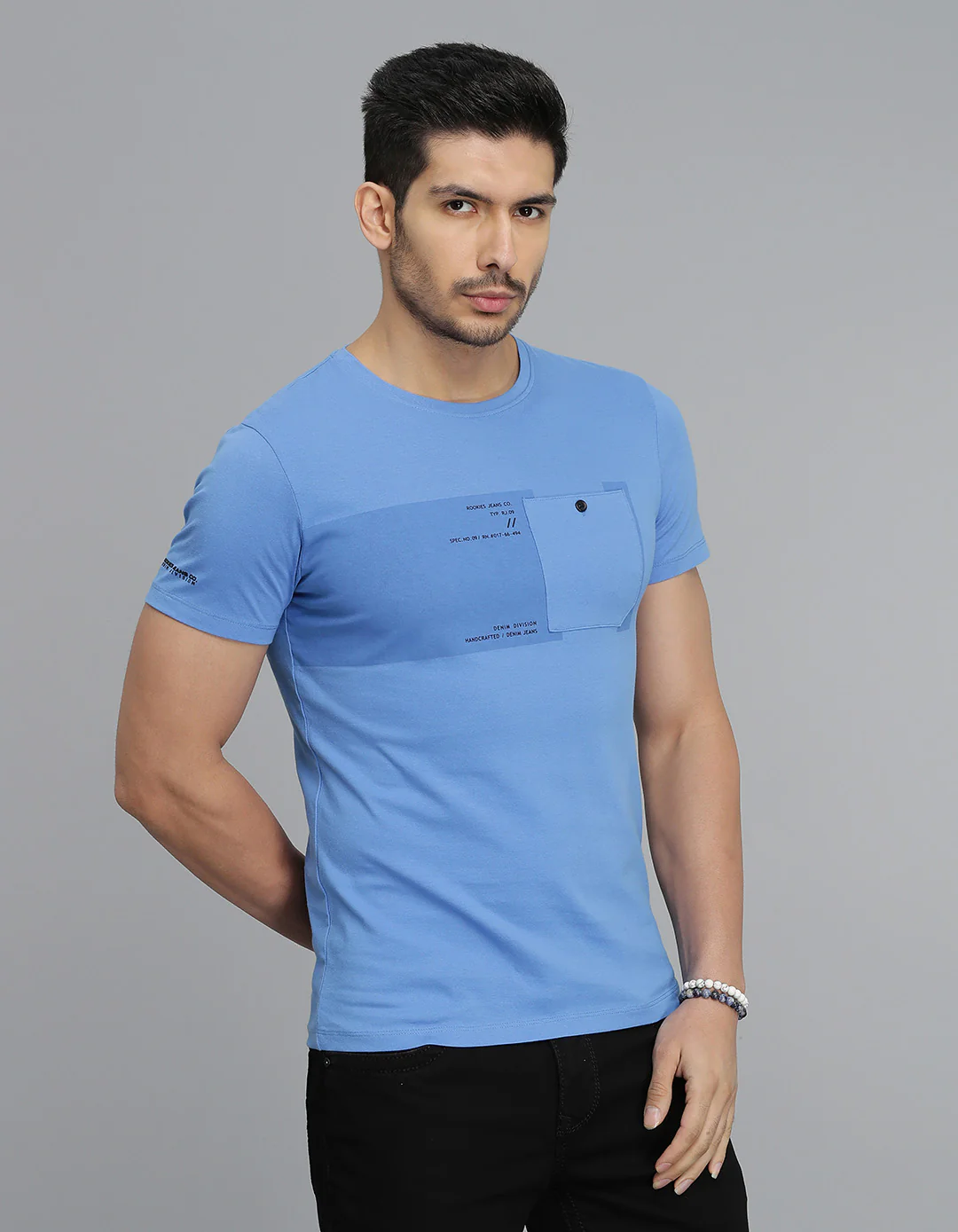 Blue Half Sleeves Round Neck Tee - Image 4
