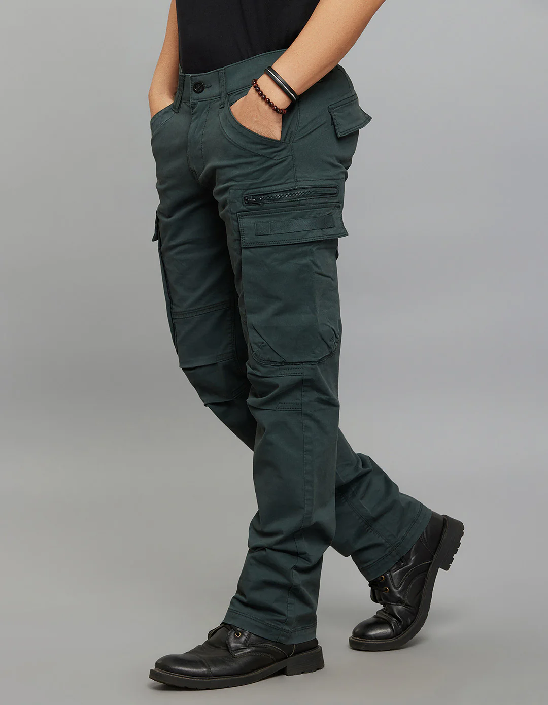 Bottle Green Comfort Straight Fit Stretch Cargo Pants - Image 3
