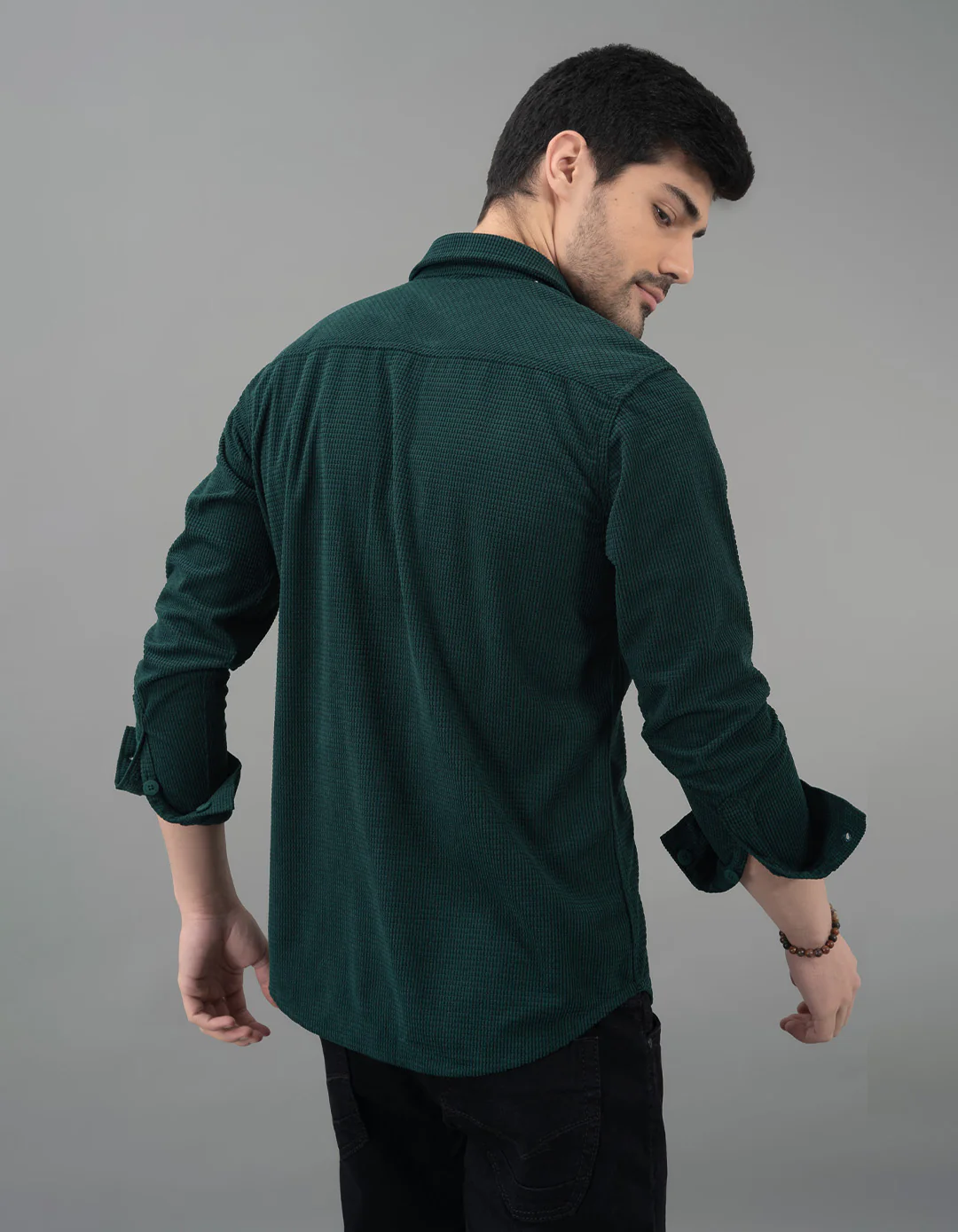 Bottle Green Full Sleeve Textured Waffle Shacket - Image 5