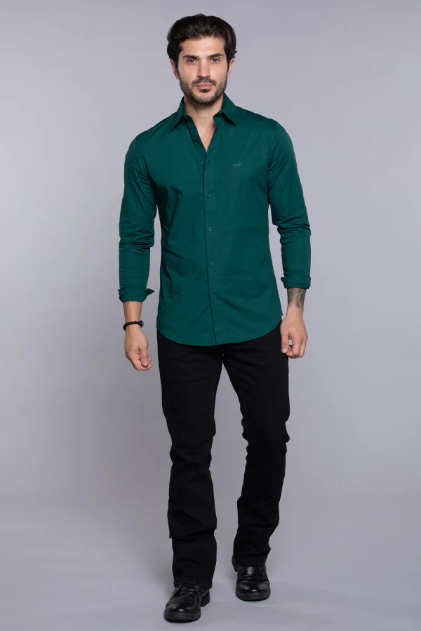 Bottle Green Full Sleeves Solid Shirt - Image 2