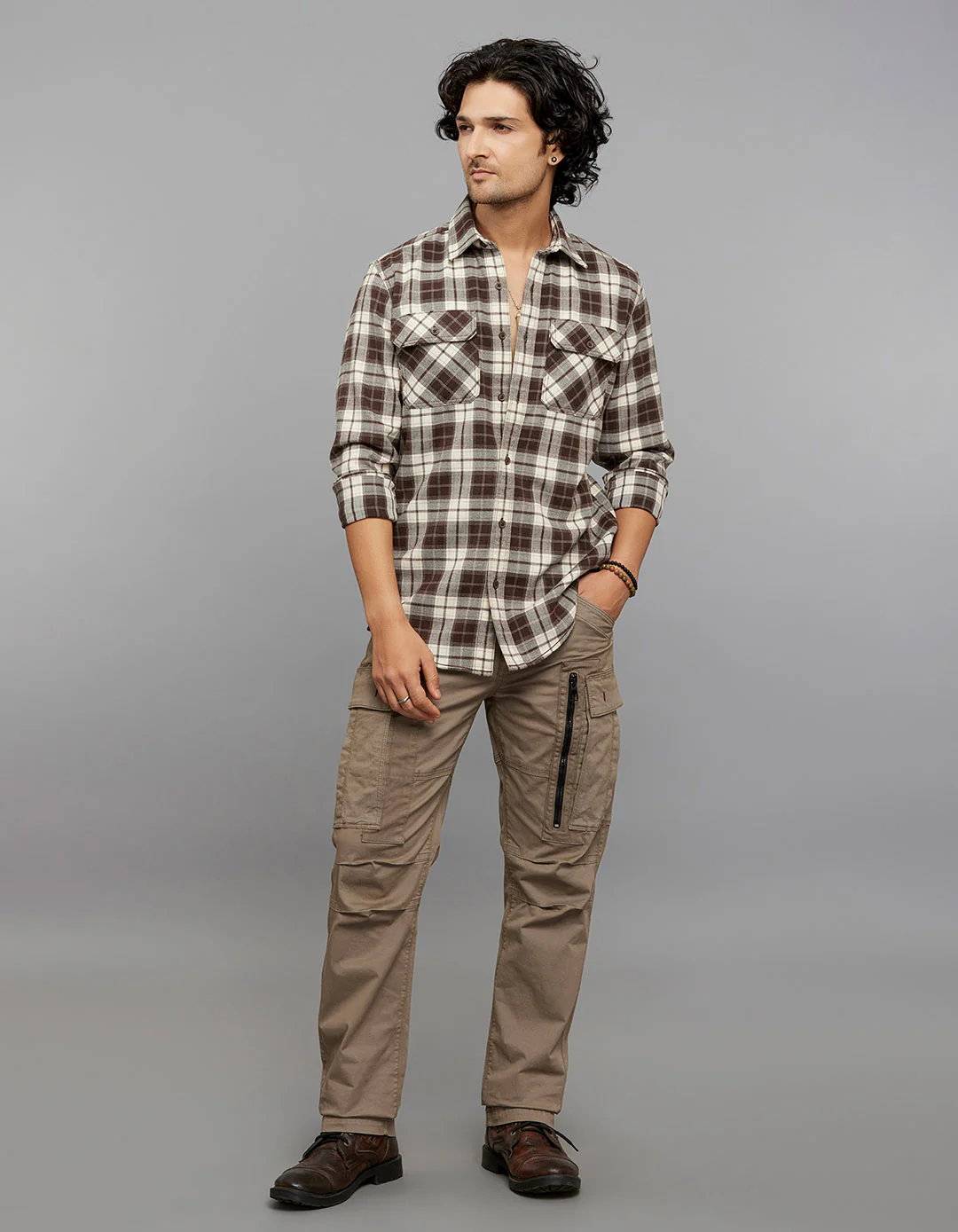 Brown Cream Full Sleeves Stretch Check Shirt - Image 2