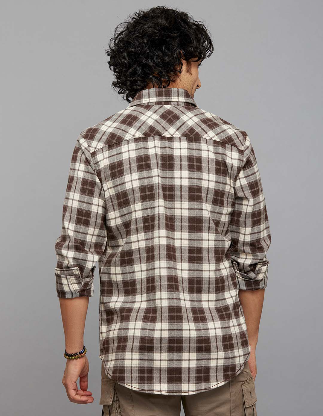 Brown Cream Full Sleeves Stretch Check Shirt - Image 6
