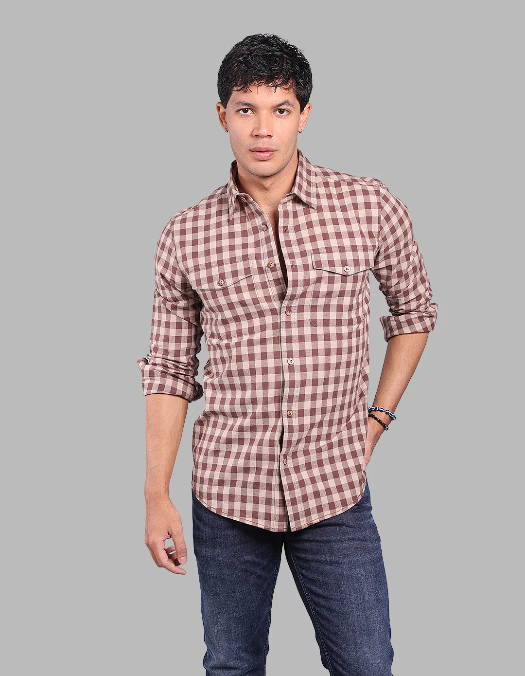 Brown 100% Cotton Full Sleeve Check Shirt
