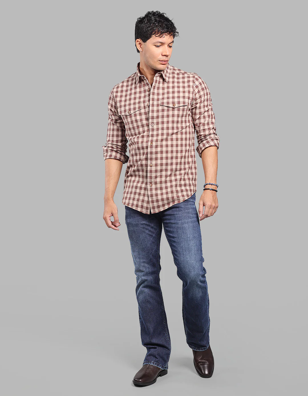 Brown 100% Cotton Full Sleeve Check Shirt - Image 2