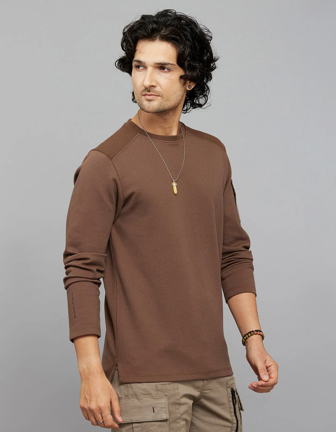 Brown Full Sleeves Round Neck Tee - Image 4