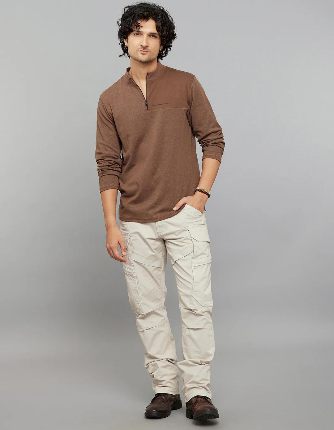 Brown Full Sleeves Zipper Neck Tee - Image 2