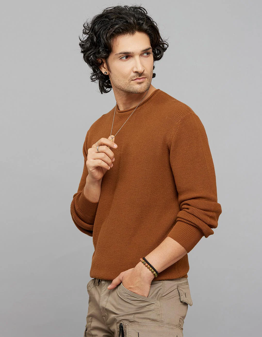 Brown Round Neck Full Sleeves Flatknit - Image 3