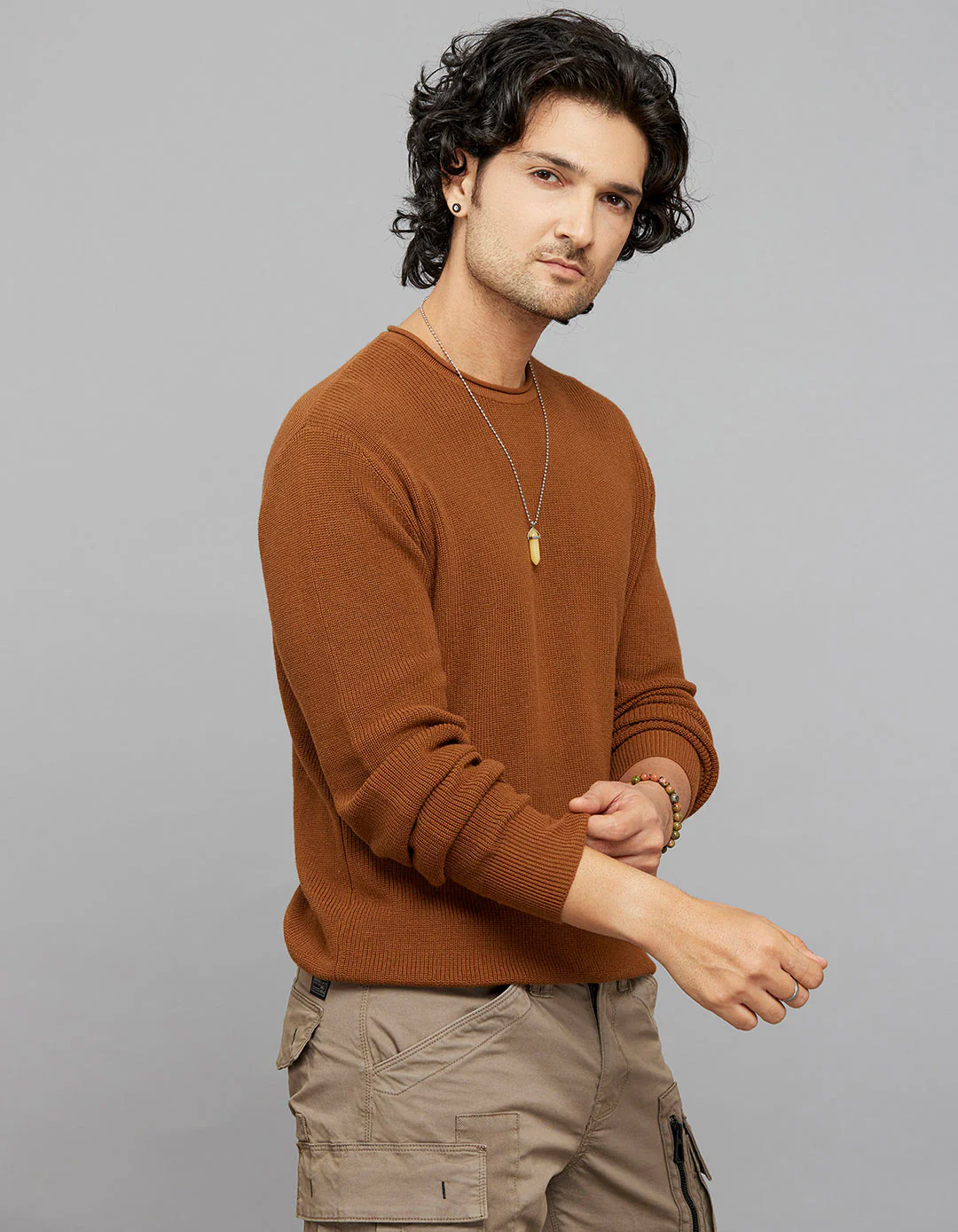 Brown Round Neck Full Sleeves Flatknit - Image 4