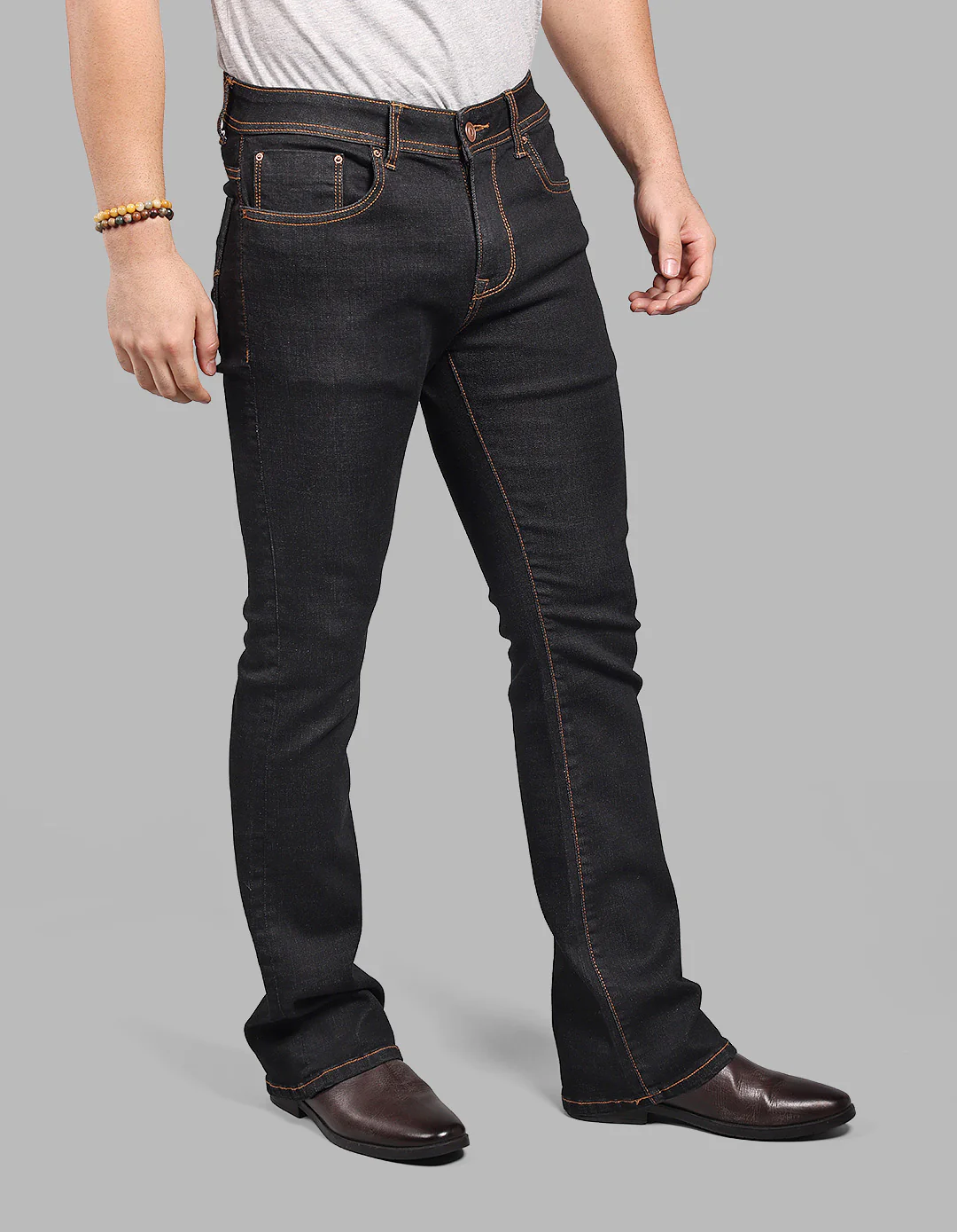 Charcoal 5 Pocket Mid Rise Cropped Length Loose Boot Leg Stretch Jeans - Image 6