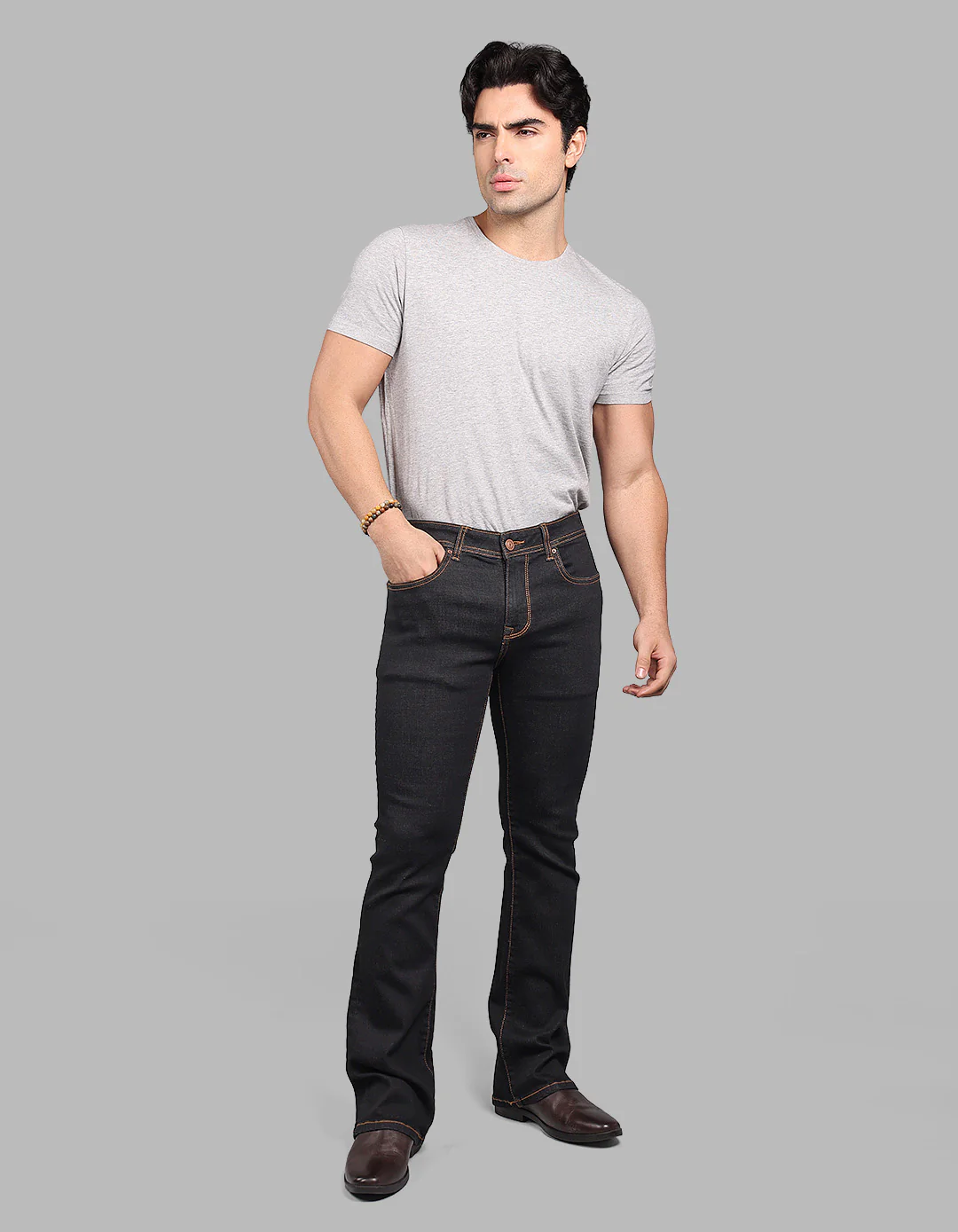 Charcoal 5 Pocket Mid Rise Loose Boot Leg Stretch Jeans - Image 4