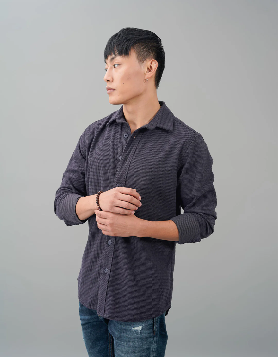 Charcoal Full Sleeve Textured Waffle Shacket - Image 3