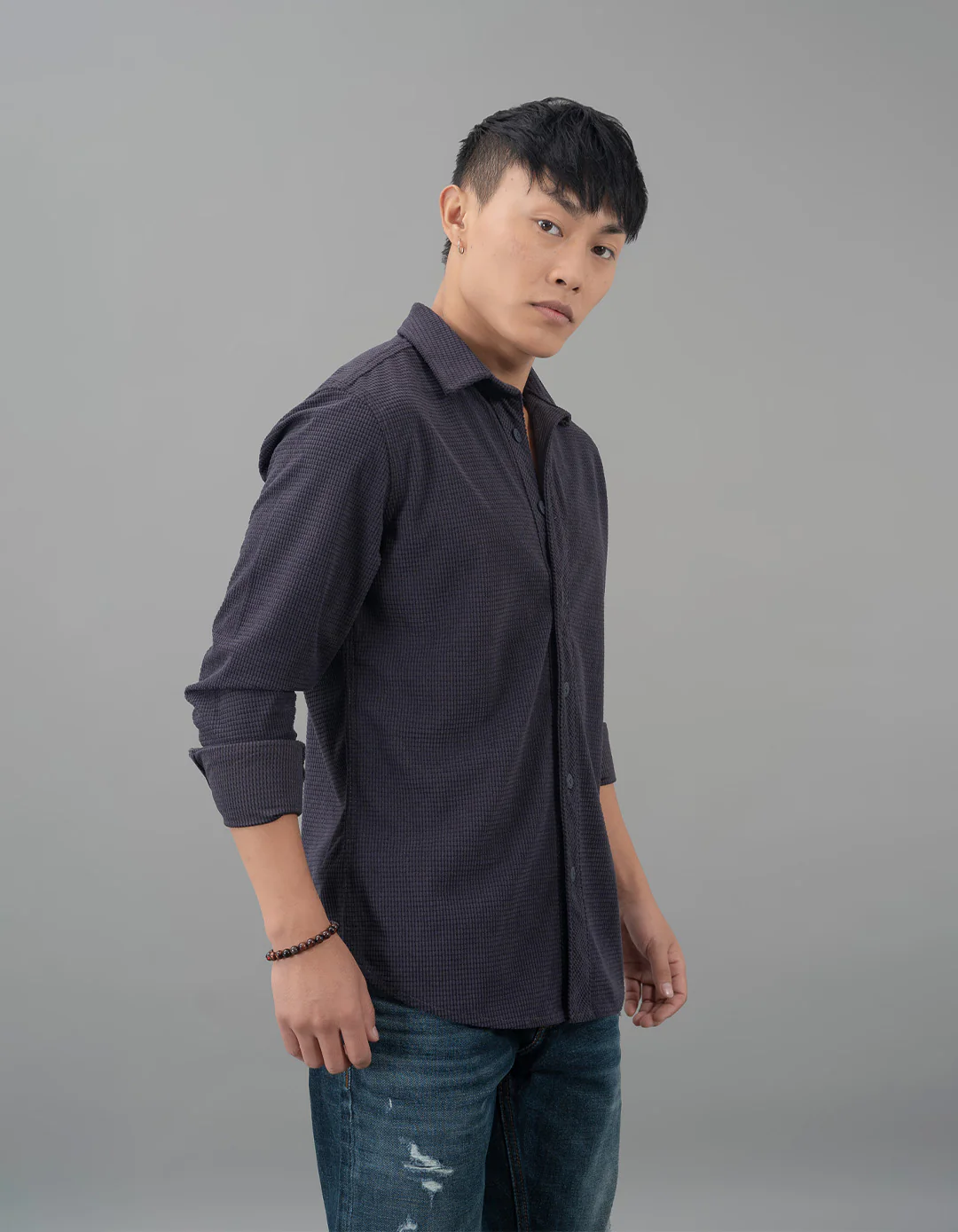 Charcoal Full Sleeve Textured Waffle Shacket - Image 4