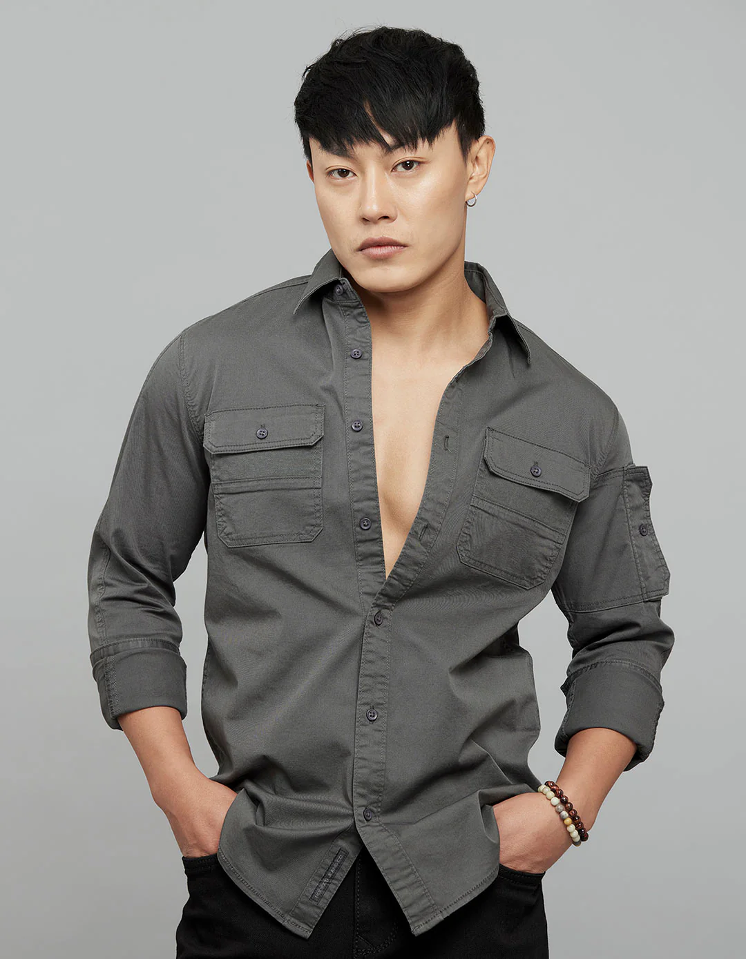 Charcoal Full Sleeves Cargo Shirt