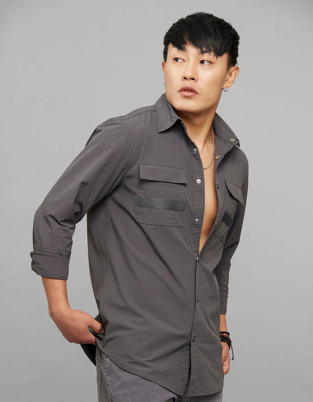 Charcoal Full Sleeves Cargo Shirt - Image 4