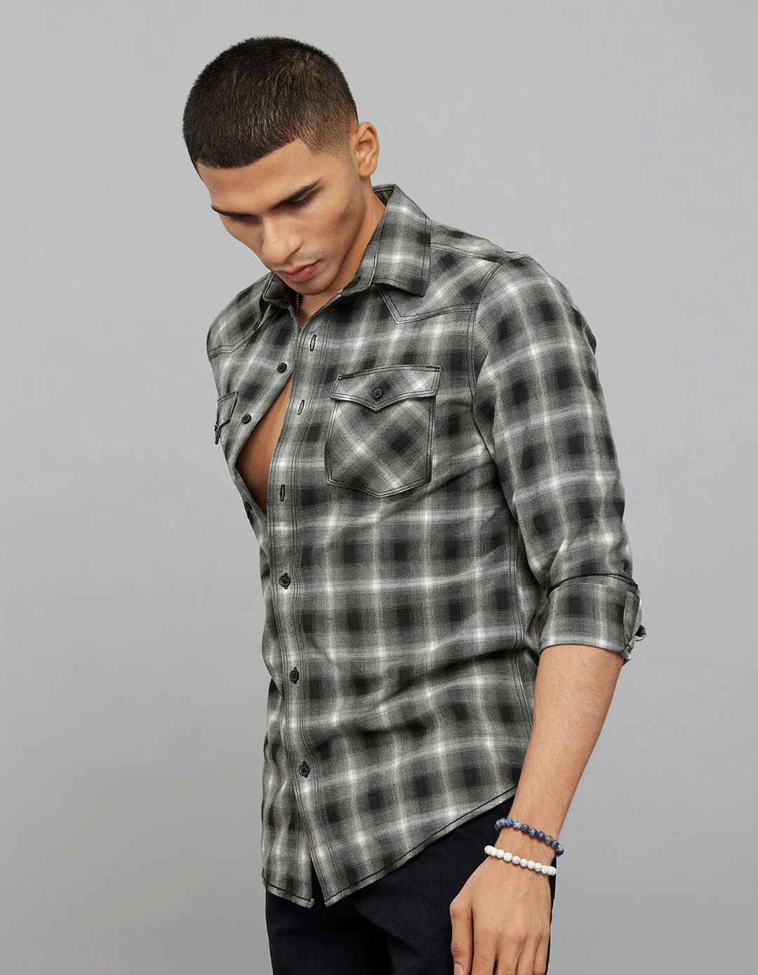 Charcoal White Full Sleeves Check Shirt - Image 4