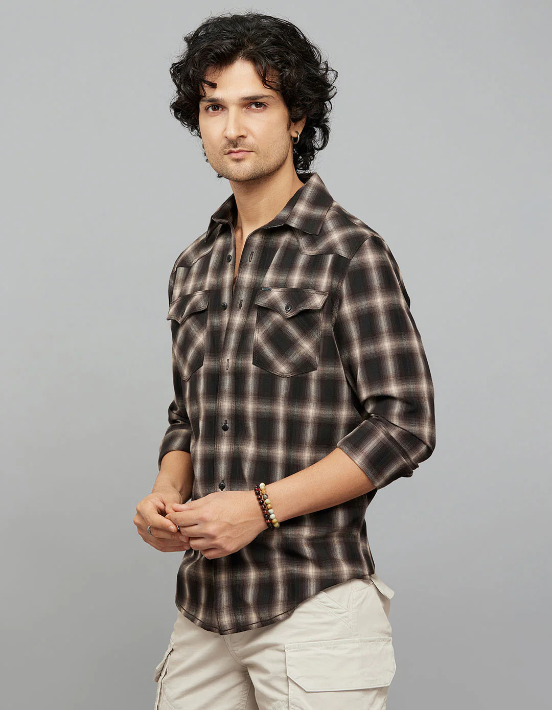 Coffee Beige Full Sleeves Check Shirt - Image 3