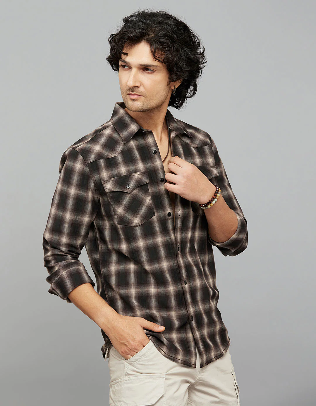 Coffee Beige Full Sleeves Check Shirt - Image 4