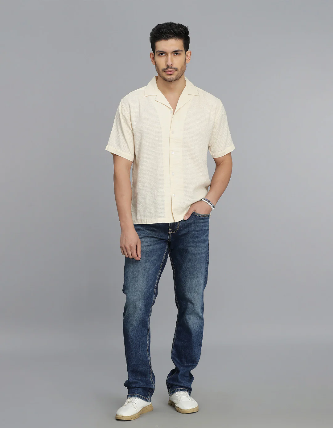 CREAM 100% Cotton Half Sleeve STRIPE SHIRT - Image 2