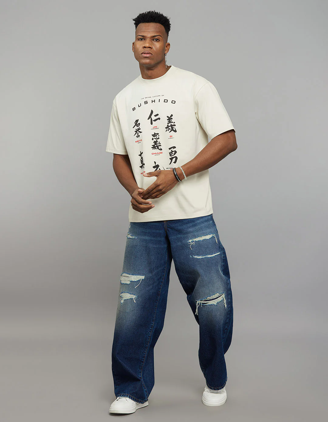 Cream Half Sleeves Round Neck Oversized Tee - Image 2