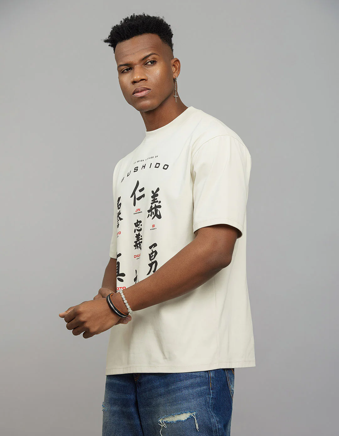 Cream Half Sleeves Round Neck Oversized Tee - Image 4