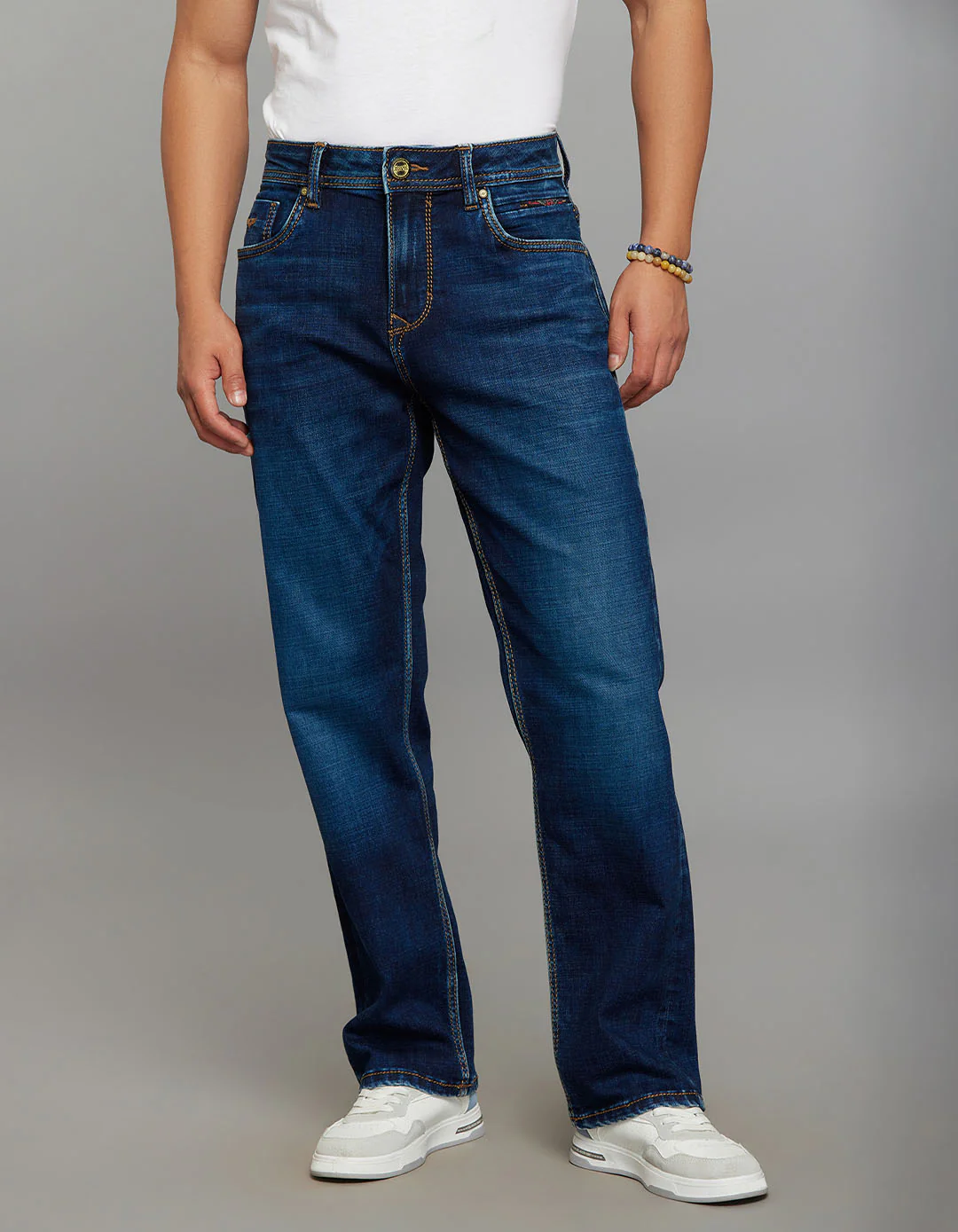 Dark Blue 5 Pocket Cropped Mid Rise, Comfort & Straight Fit Stretch Jeans