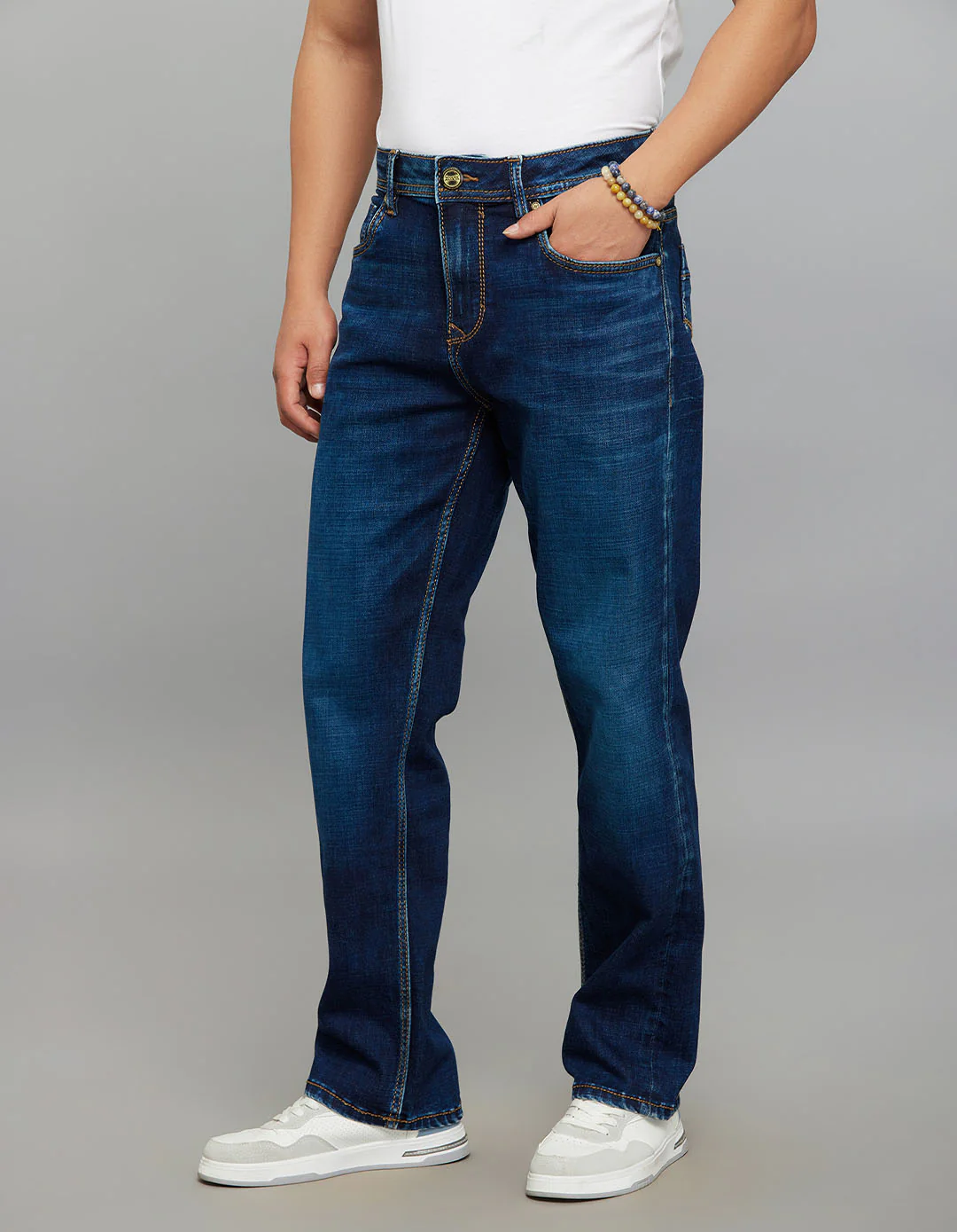 Dark Blue 5 Pocket Cropped Mid Rise, Comfort & Straight Fit Stretch Jeans - Image 3