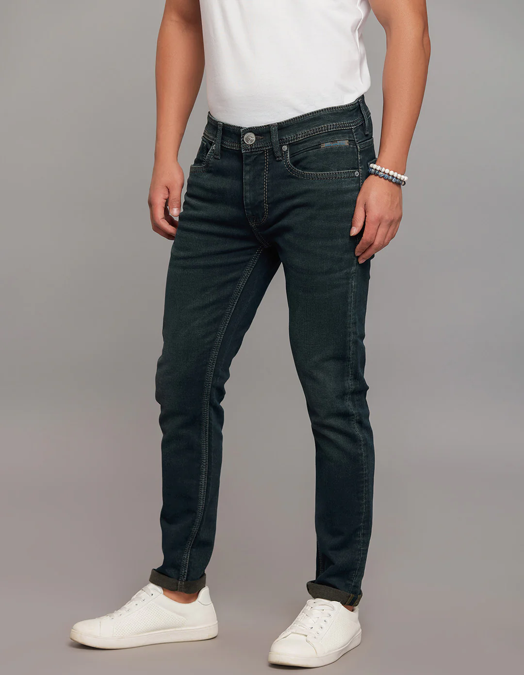 Dark Blue 5 Pocket Low-Rise Ankle Length Knit Stretch Jeans - Image 3