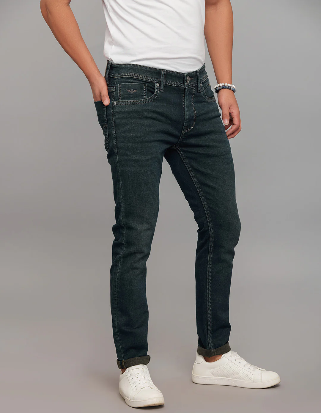 Dark Blue 5 Pocket Low-Rise Ankle Length Knit Stretch Jeans - Image 4
