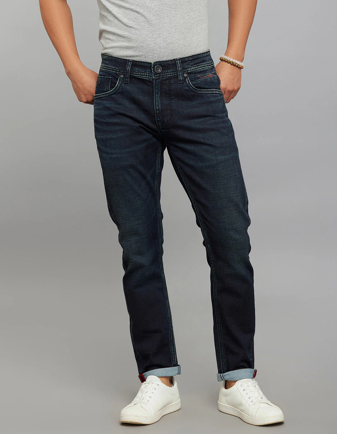 Dark Blue 5 Pocket Low-Rise Ankle Length Knit Stretch Jeans