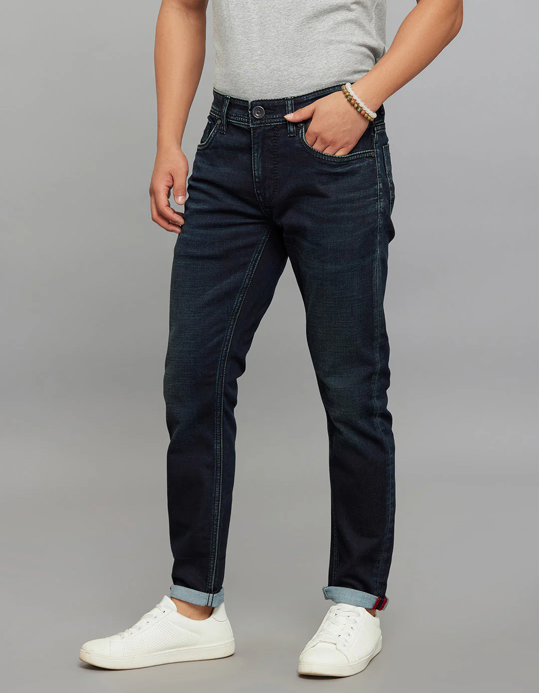 Dark Blue 5 Pocket Low-Rise Ankle Length Knit Stretch Jeans - Image 3