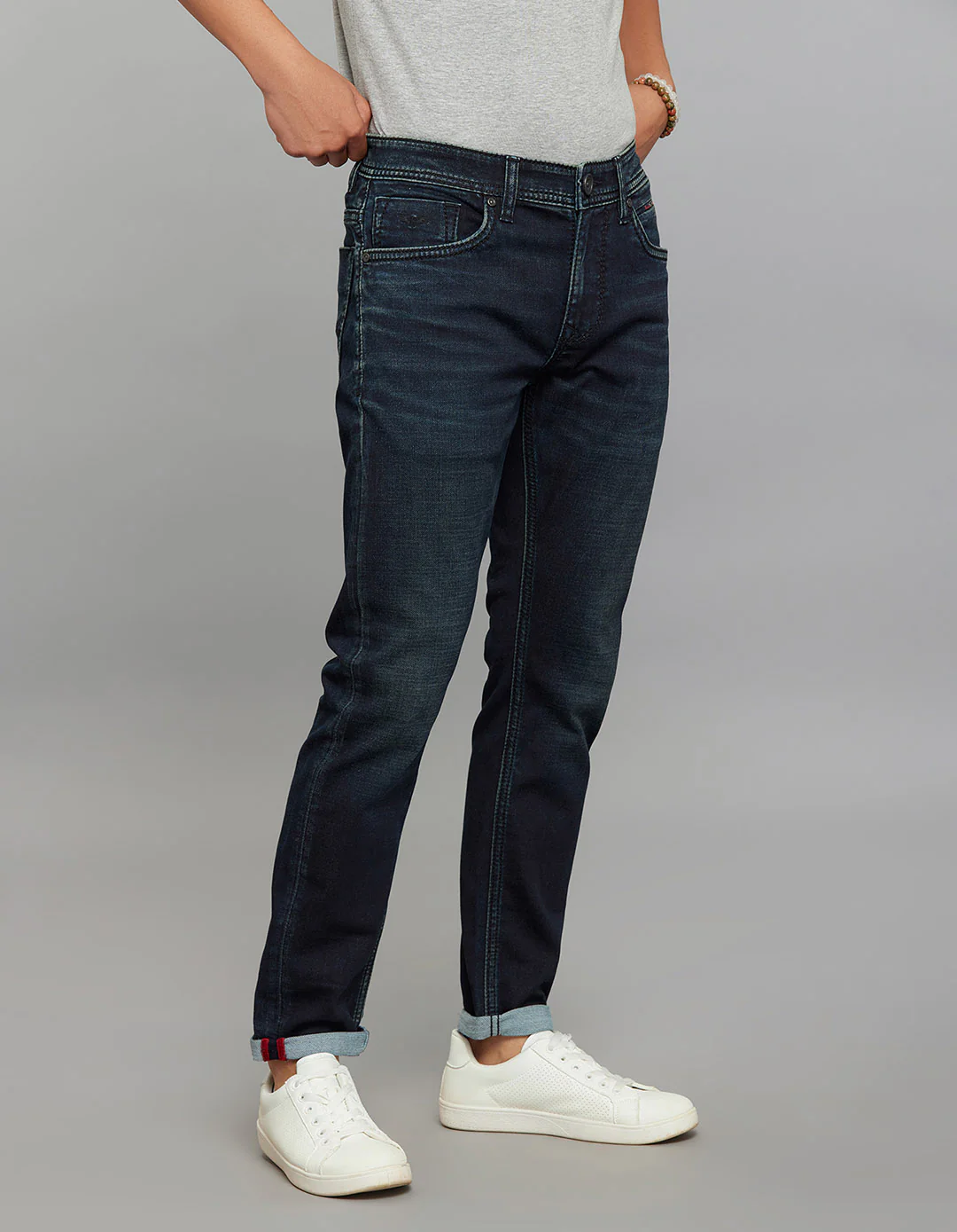 Dark Blue 5 Pocket Low-Rise Ankle Length Knit Stretch Jeans - Image 4