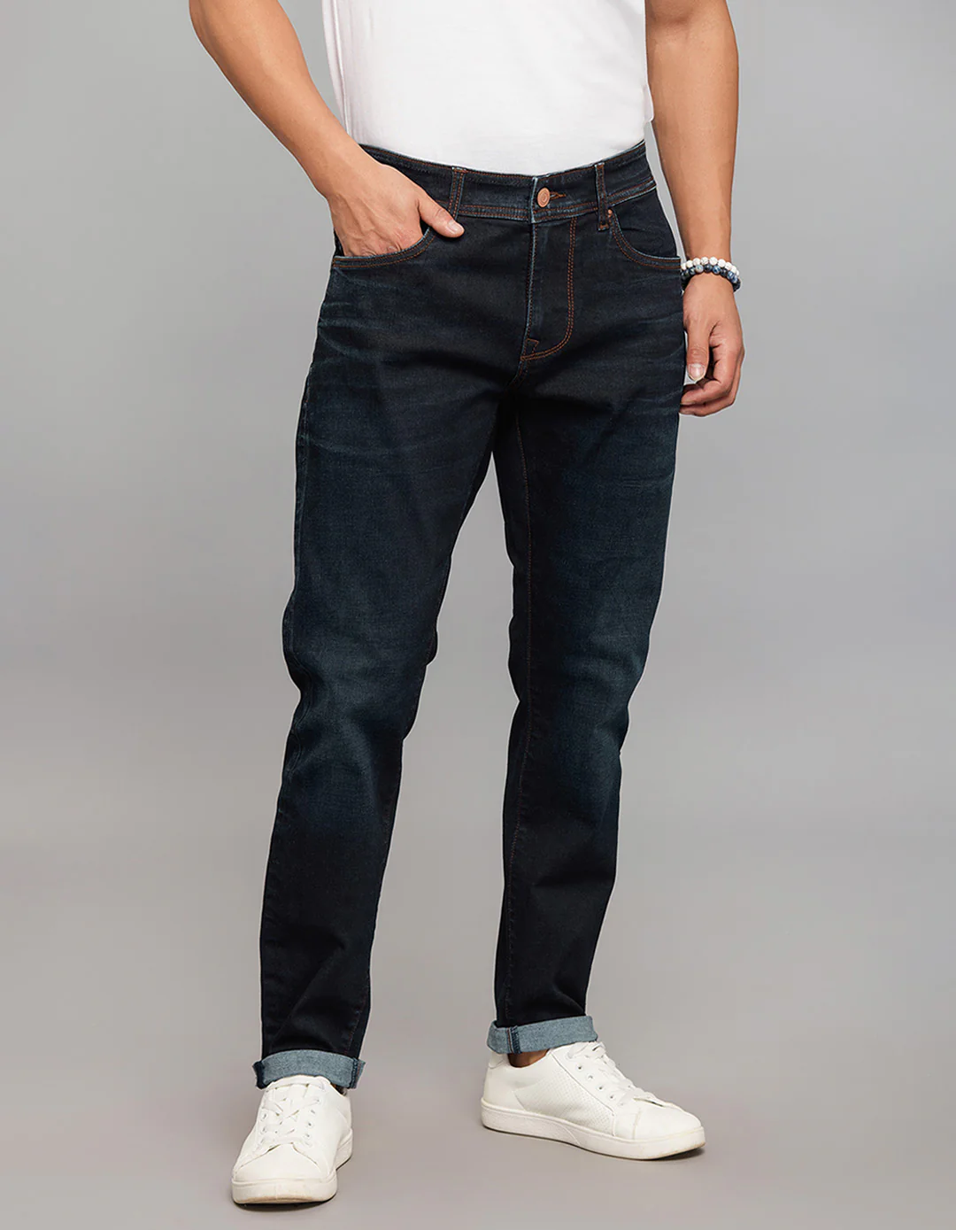 Dark Blue 5 Pocket Low-Rise Tapered Ankle Length Classic Stretch Jeans