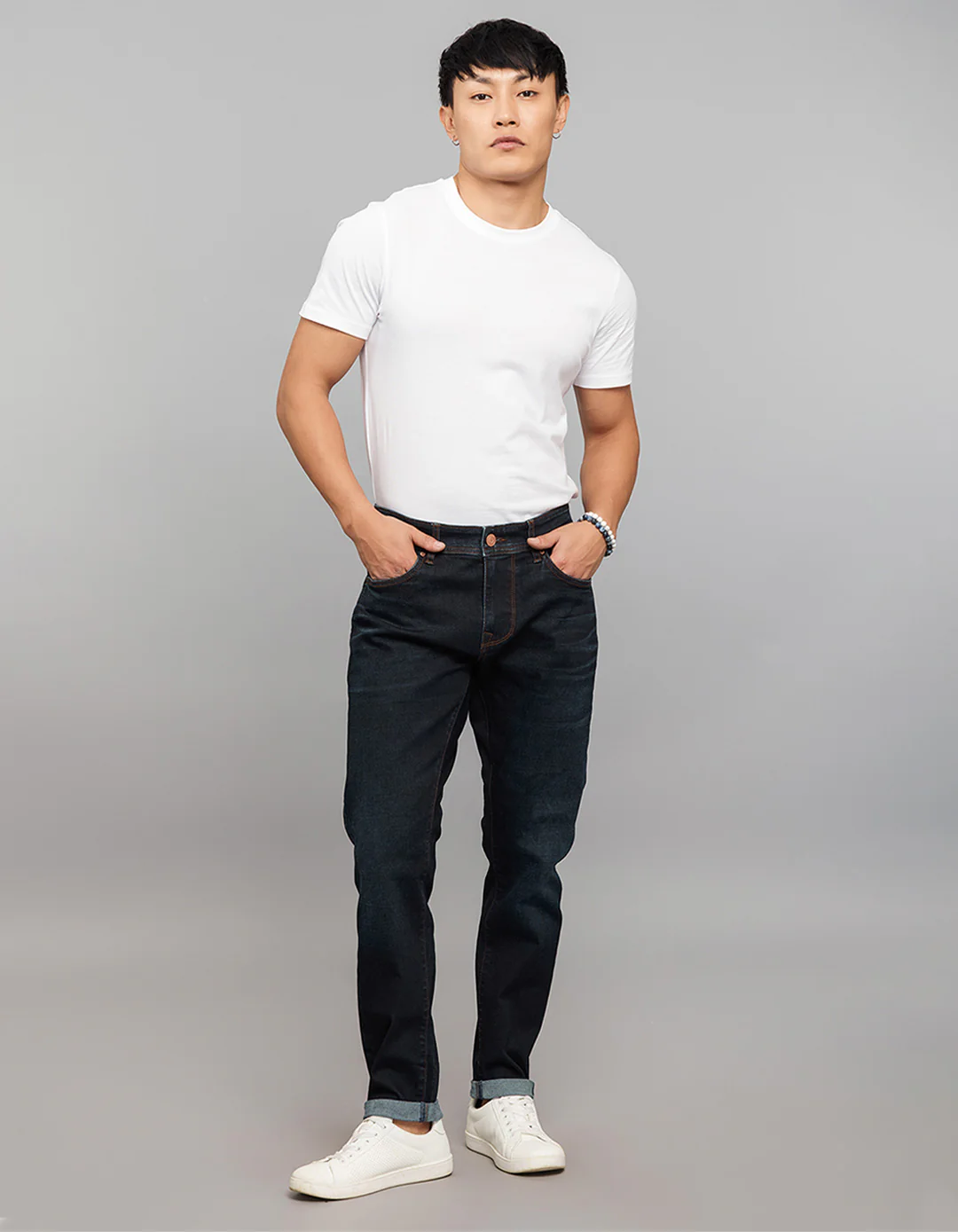 Dark Blue 5 Pocket Low-Rise Tapered Ankle Length Classic Stretch Jeans - Image 2