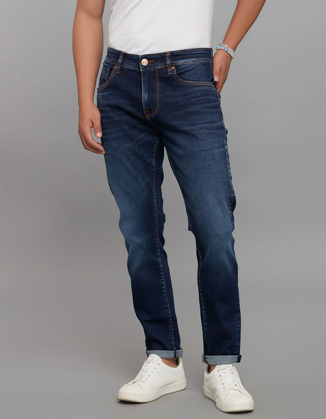 Dark Blue 5 Pocket Low-Rise Tapered Ankle Length Classic Stretch Jeans