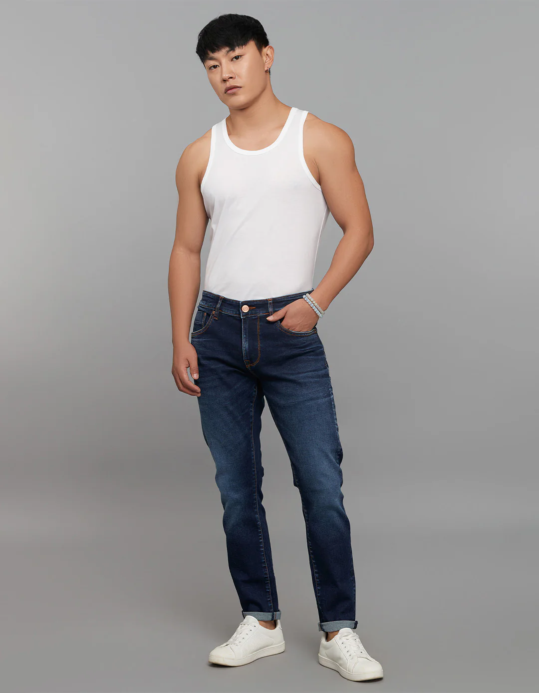 Dark Blue 5 Pocket Low-Rise Tapered Ankle Length Classic Stretch Jeans - Image 2
