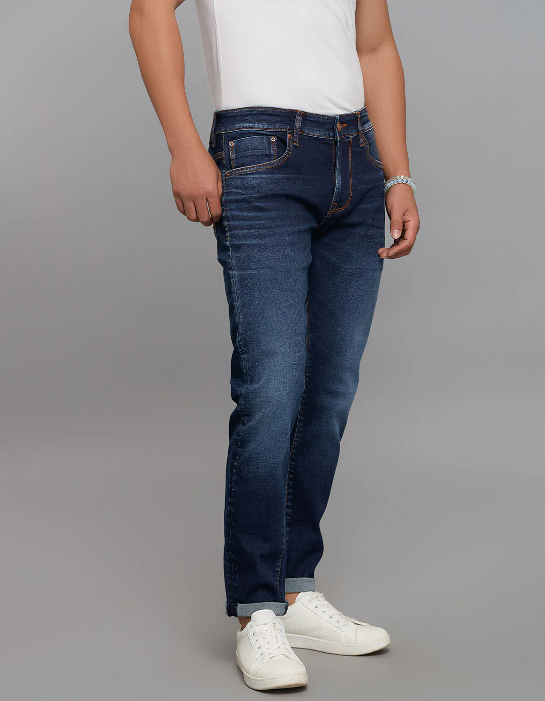 Dark Blue 5 Pocket Low-Rise Tapered Ankle Length Classic Stretch Jeans - Image 4