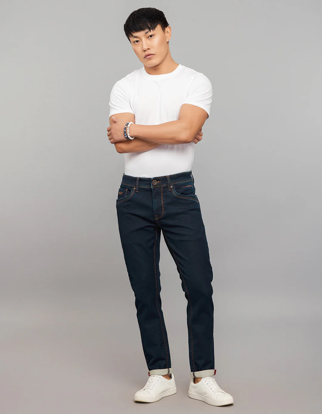 Dark Blue 5 Pocket Low-Rise Tapered Ankle Length Knit Denim Jeans - Image 2