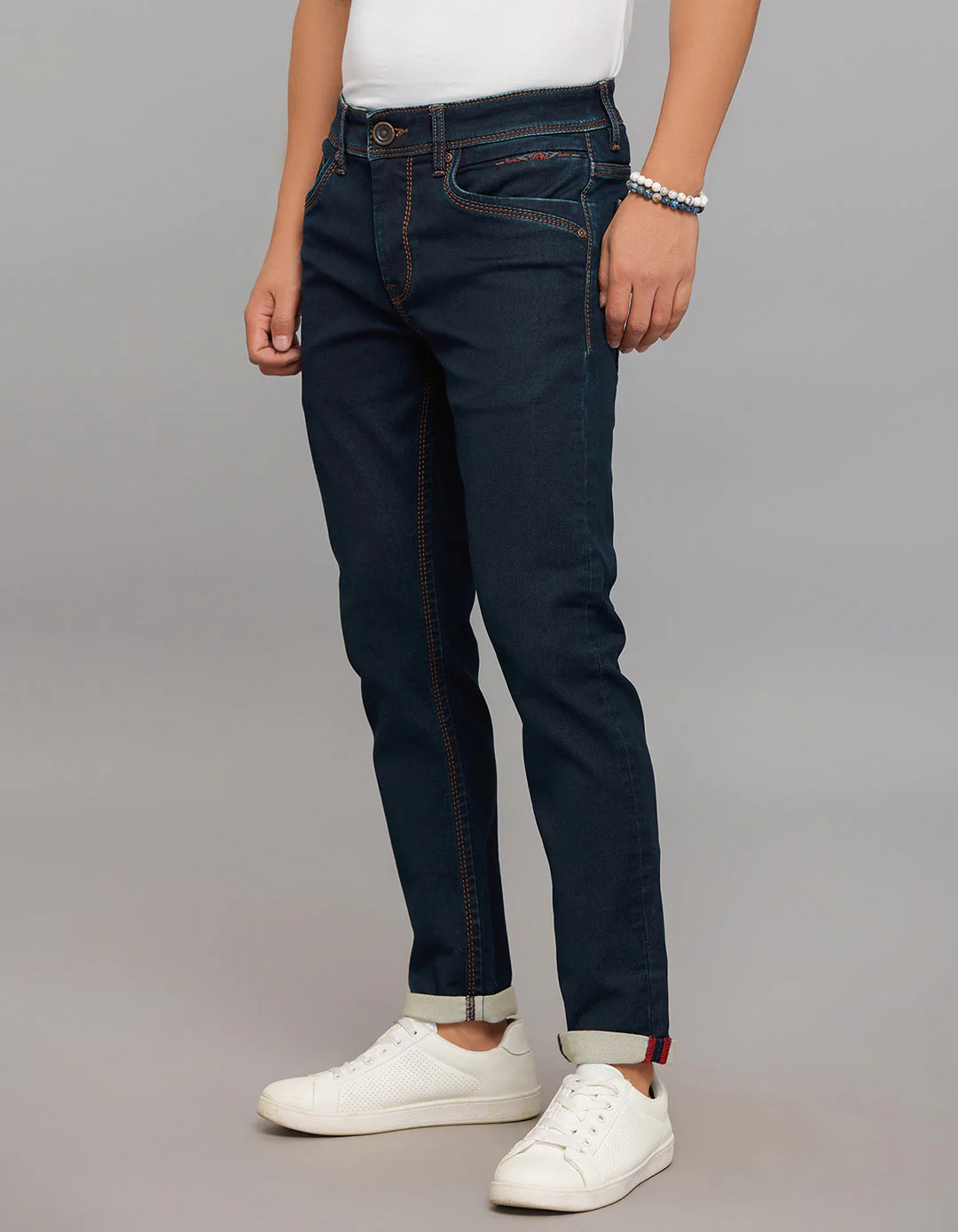 Dark Blue 5 Pocket Low-Rise Tapered Ankle Length Knit Denim Jeans - Image 3