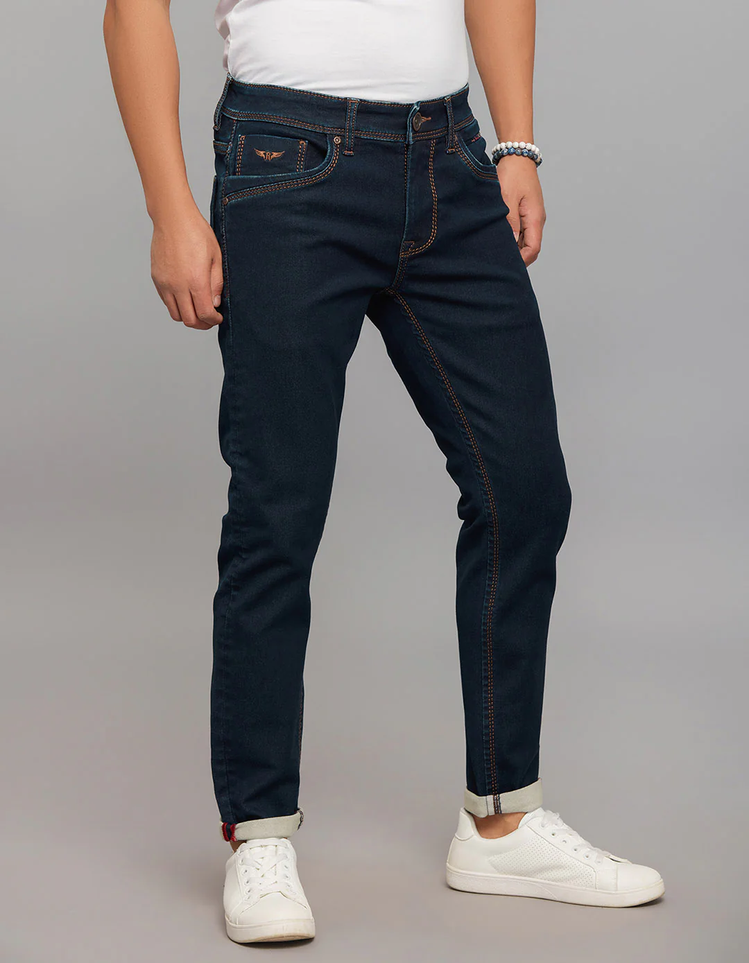 Dark Blue 5 Pocket Low-Rise Tapered Ankle Length Knit Denim Jeans - Image 4