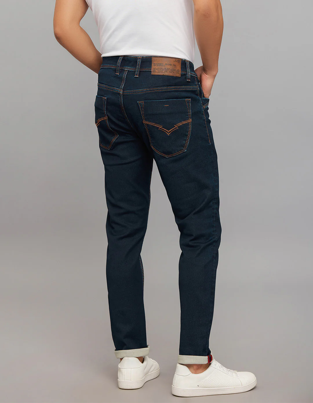 Dark Blue 5 Pocket Low-Rise Tapered Ankle Length Knit Denim Jeans - Image 5