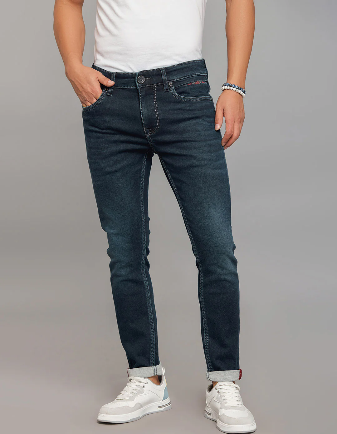 Dark Blue 5 Pocket Low-Rise Tapered Ankle Length Stretch Knit Jeans
