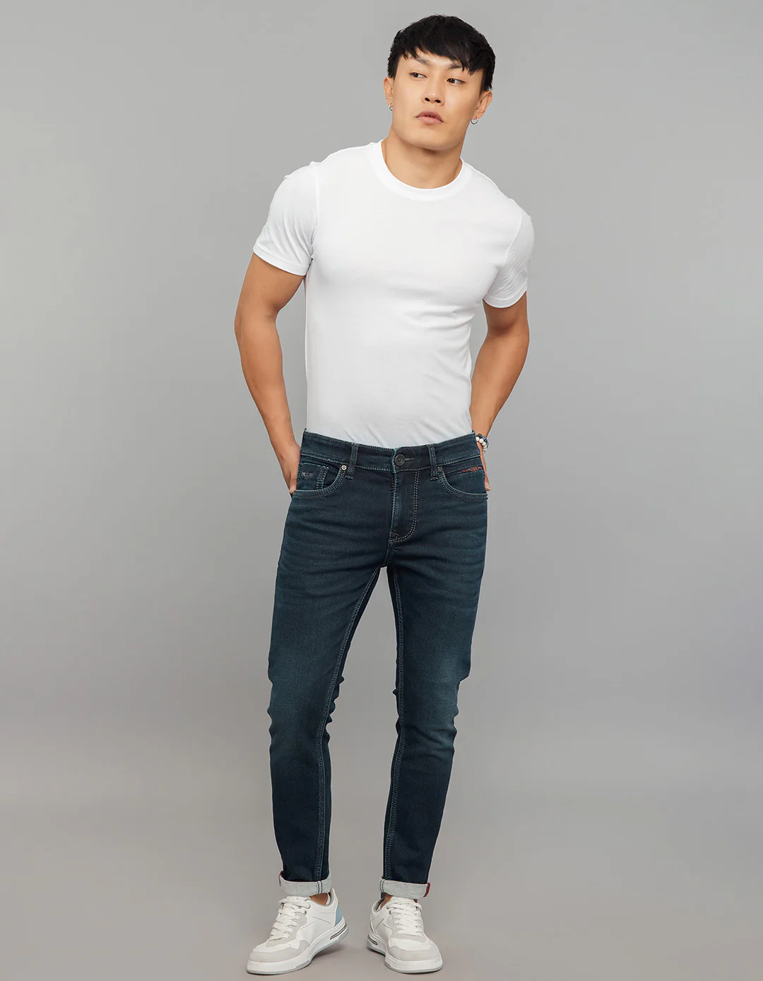 Dark Blue 5 Pocket Low-Rise Tapered Ankle Length Stretch Knit Jeans - Image 2