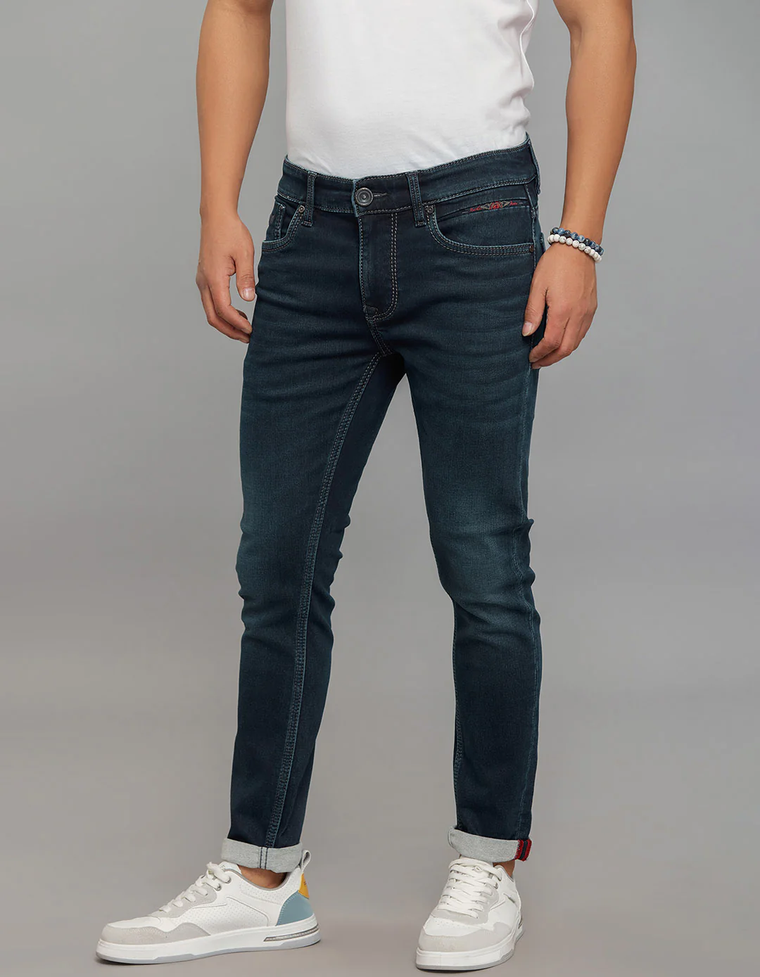 Dark Blue 5 Pocket Low-Rise Tapered Ankle Length Stretch Knit Jeans - Image 3
