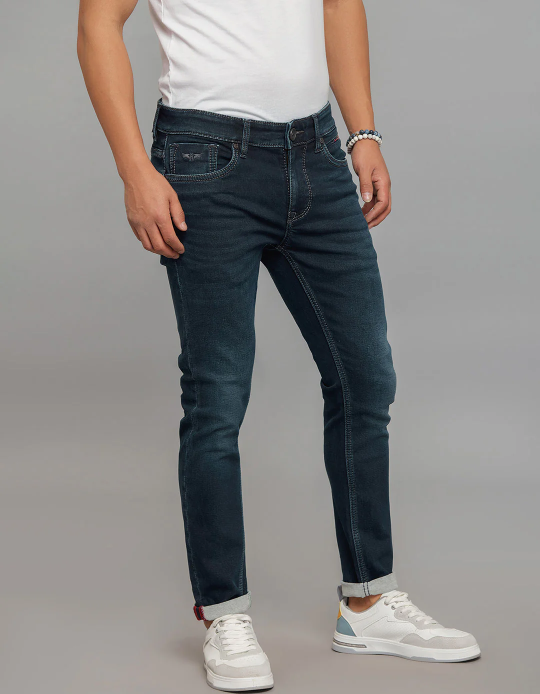 Dark Blue 5 Pocket Low-Rise Tapered Ankle Length Stretch Knit Jeans - Image 4