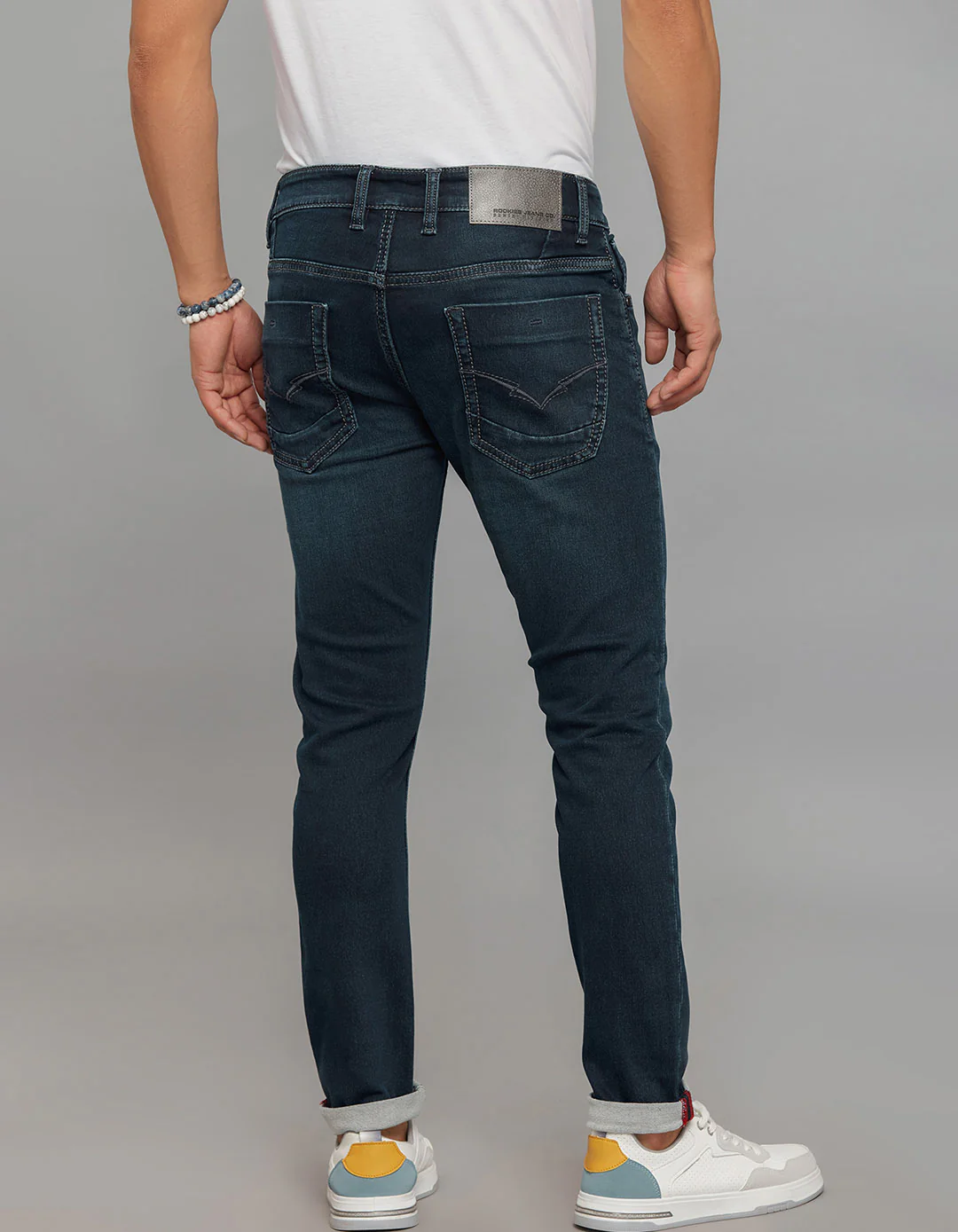 Dark Blue 5 Pocket Low-Rise Tapered Ankle Length Stretch Knit Jeans - Image 5