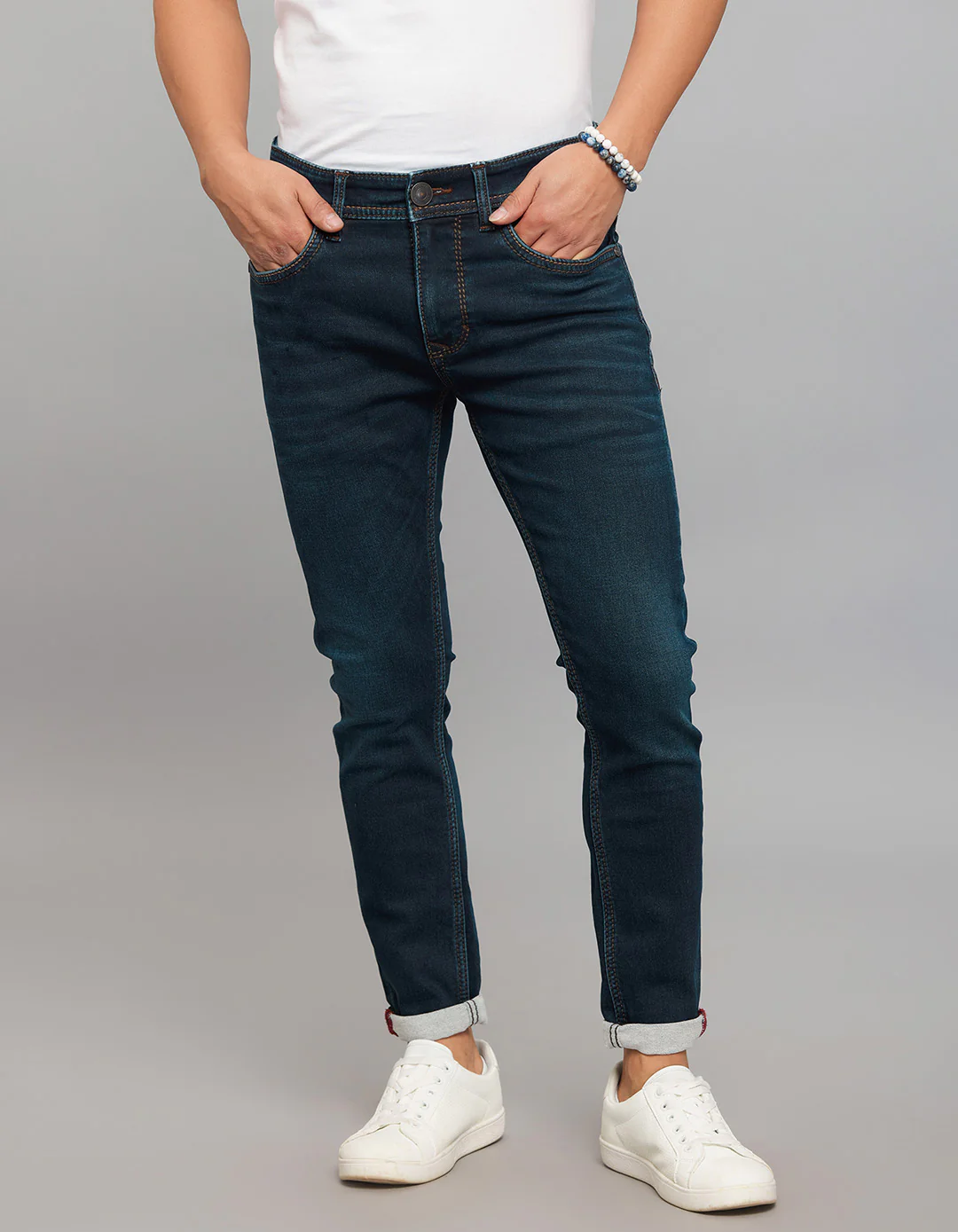 Dark Blue 5 Pocket Low-Rise Tapered Ankle Length Knit Denim Jeans